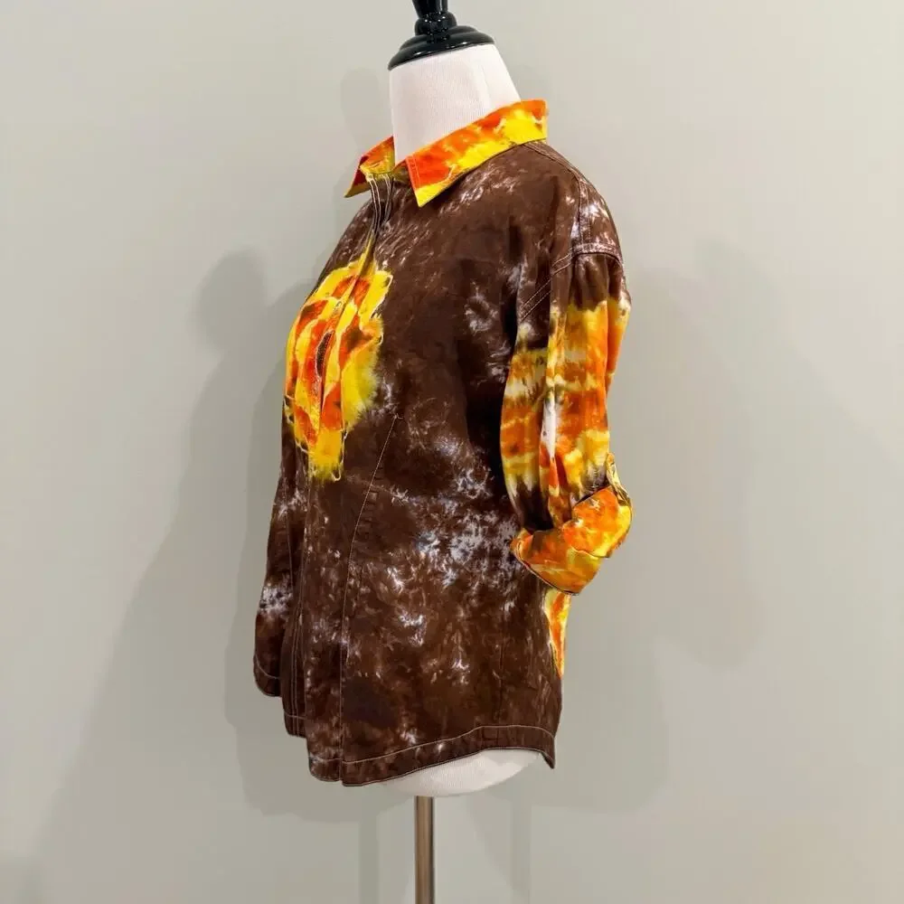 Vintage 90s Tie Dye Top Shirt Size Medium Brown Orange Cotton Hippie Artsy Boho